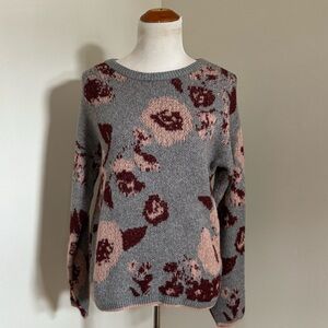 Knox Rose Floral Knit Sweater – Gray & Burgundy – Size Medium